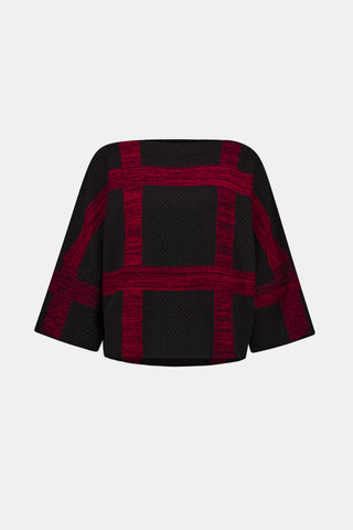 Plaid Boat-Neck Sweater, Black/Deep Cherry