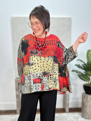 Oversized Butterfly Hi Lo Blouse, Red Abstract