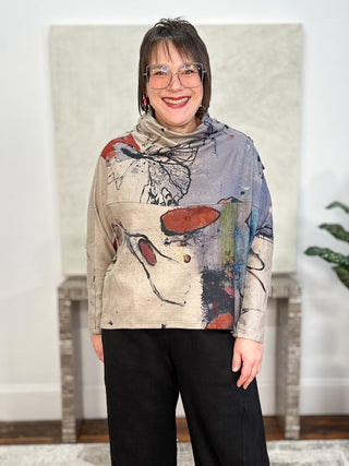 Oversized Funnel Neck Top, Charcoal Butterfly