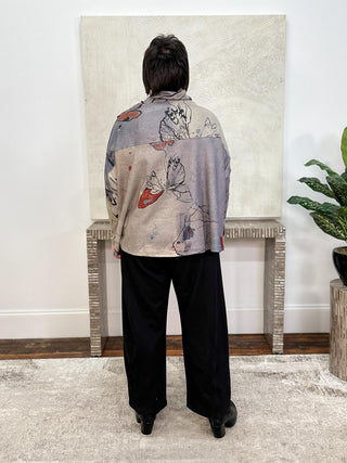 Oversized Funnel Neck Top, Charcoal Butterfly