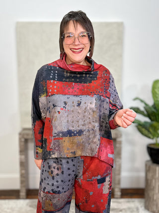 Oversized Funnel Neck Top, Red Abstract