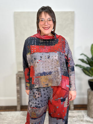 Oversized Funnel Neck Top, Red Abstract