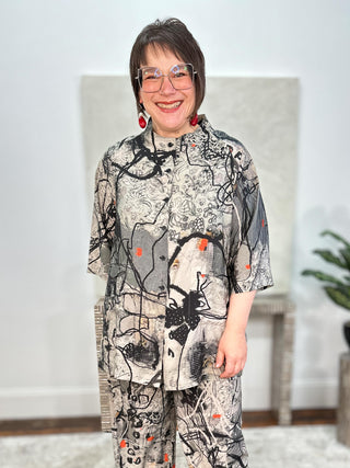 Raglan Funnel Neck Shirt, Charcoal Abstract Flowers