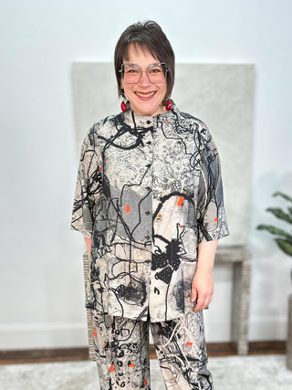 Raglan Funnel Neck Shirt, Charcoal Abstract Flowers