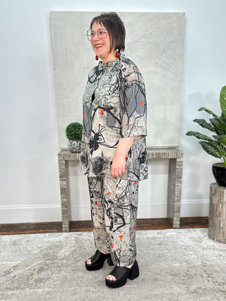 Raglan Funnel Neck Shirt, Charcoal Abstract Flowers