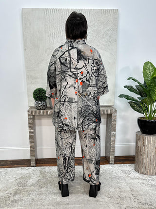 Raglan Funnel Neck Shirt, Charcoal Abstract Flowers