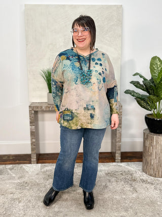 3 Potato V-Neck Top, Muted Print - Statement Boutique