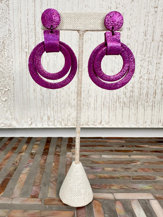 7PM Double Circle Drop Earrings, Magenta - Statement Boutique