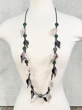 Long Leaf & Dot Necklace, Shimmer Silver/Black/Forest Green