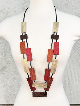 Long Two Strand Rectangles Necklace, Burgundy/Dark Rust Mix