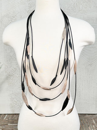 Multi Strand Leaf Necklace, Black/Champagne Gold