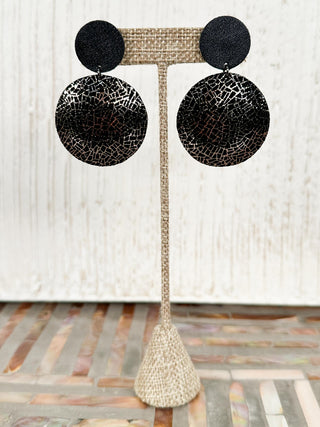 Round Convex Drop Earrings, Black Print