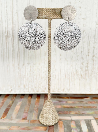 Round Convex Drop Earrings, White Print