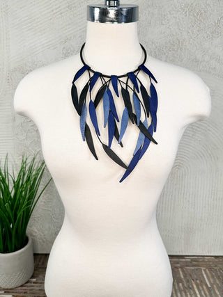 7PM Leaves Fringe Bib Necklace, Blue - Statement Boutique