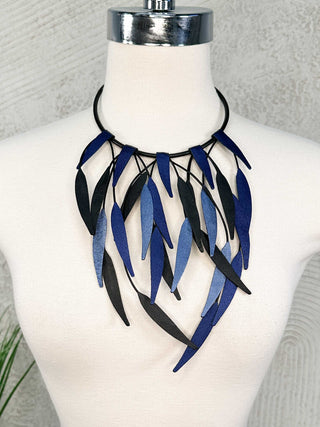 7PM Leaves Fringe Bib Necklace, Blue - Statement Boutique
