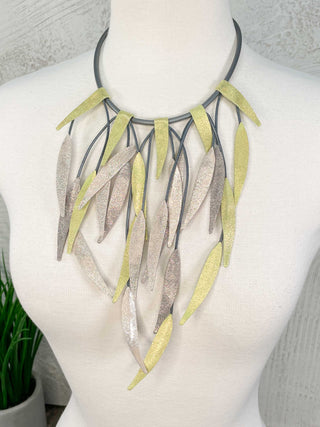 7PM Leaves Fringe Bib Necklace, Lime Green - Statement Boutique