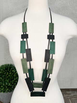 7PM Long Two Strand Rectangles Necklace, Green Combo - Statement Boutique