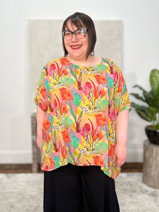 Art Print Boxy Top, Yellow Pink Multi