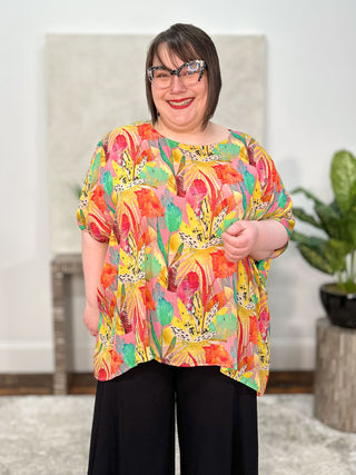 Art Print Boxy Top, Yellow Pink Multi