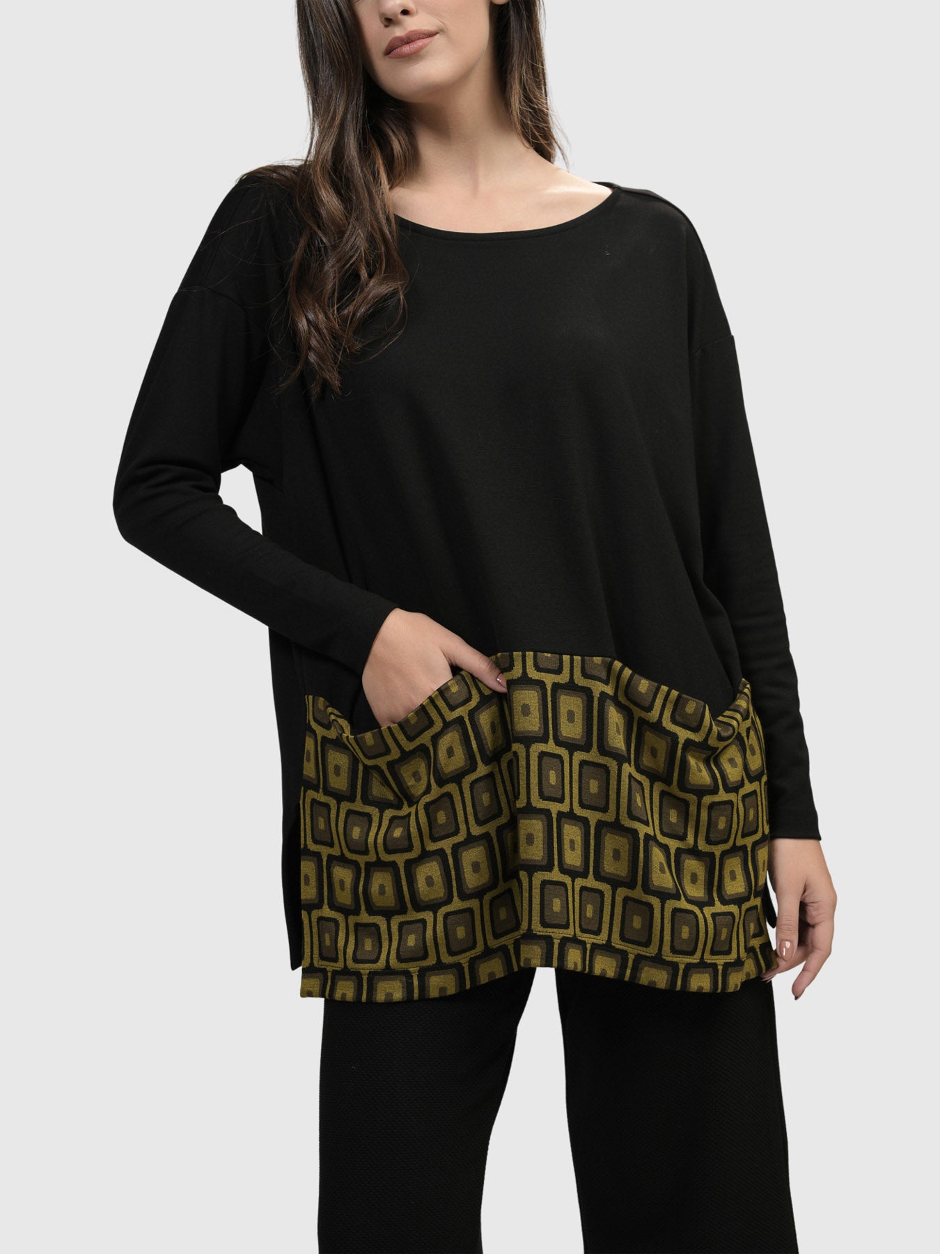 Alembika (Pre-Order) Pattern Knit Trim Pocket Tunic, Chartreuse - Statement Boutique