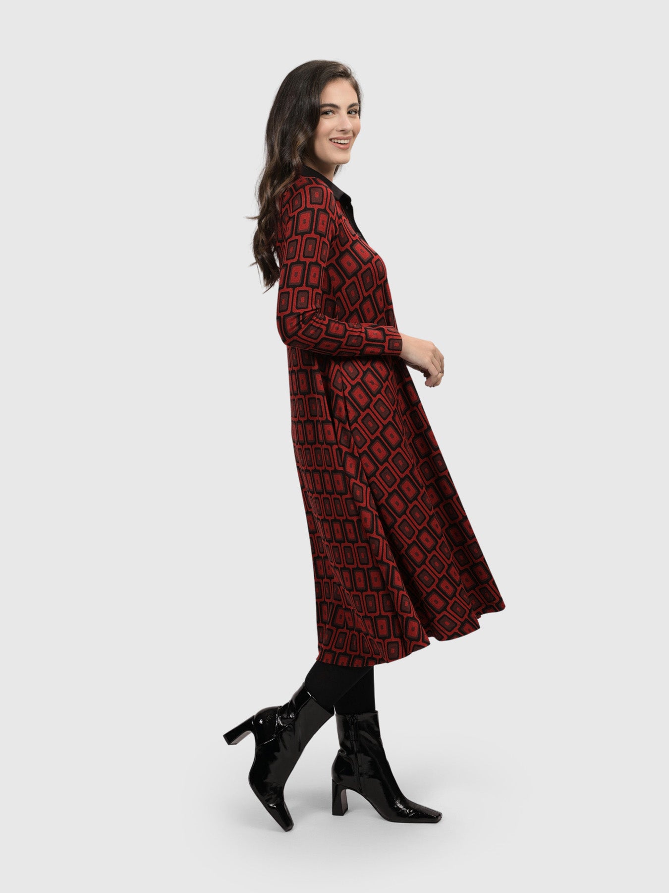 Alembika (Pre-Order) Pattern Knit Shirt Dress, Red - Statement Boutique