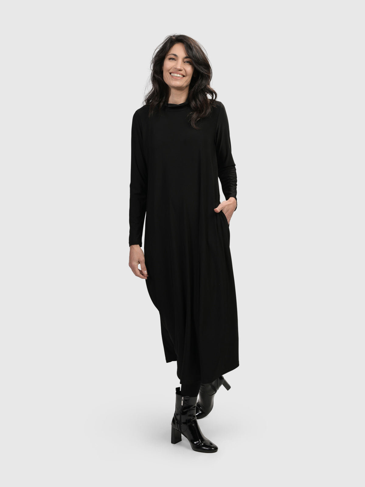 Alembika (Pre-Order) Mock Neck A-Line Dress, Black - Statement Boutique