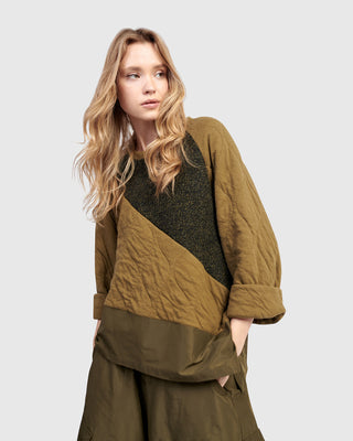 Alembika UT612K Urban Angled Mix Fabric Top, Khaki - Statement Boutique