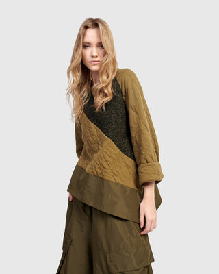 Alembika UT612K Urban Angled Mix Fabric Top, Khaki - Statement Boutique