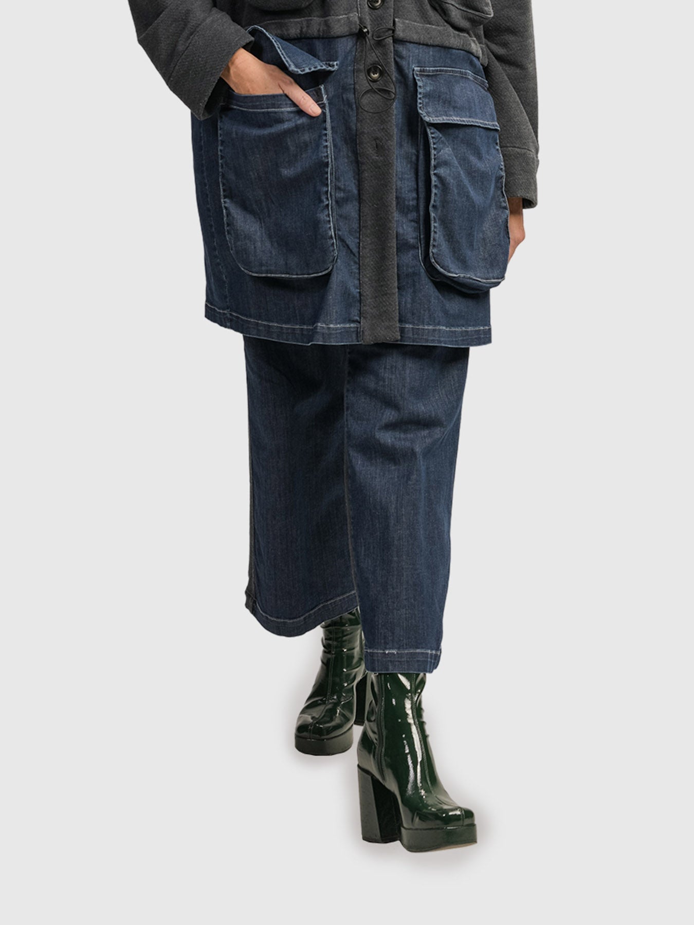 Alembika (Pre-Order) Urban Mixed Fabric Straight Leg Crop Pant, Denim - Statement Boutique