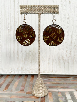 Round Resin Drop Earrings, Brown/Gold