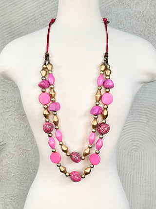 Double Strand Beaded Necklace, Pink Gold