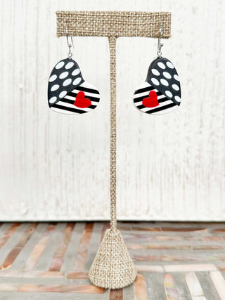 Graphic Heart Drop Earrings, Black/White/Red