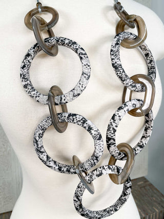 Large Snake Print Rings Necklace, Grey Black