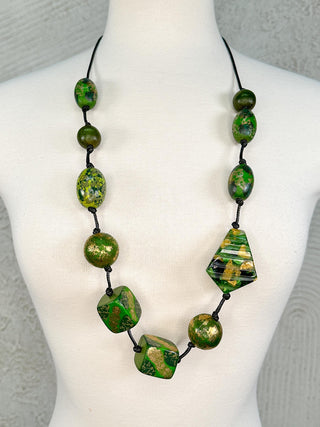 Mixed Bead Necklace, Green/Gold