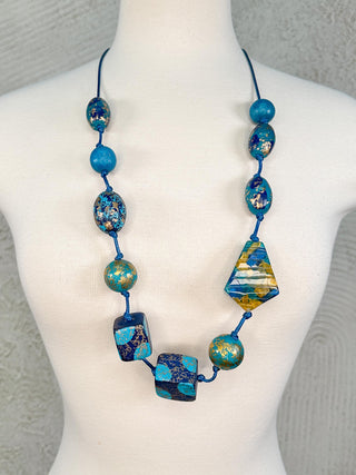 Mixed Bead Necklace, Blue/Gold