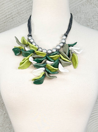 Papier-mâché Leaf Bib Necklace, Green