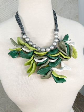 Papier-mâché Leaf Bib Necklace, Green