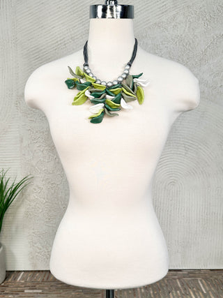 Papier-mâché Leaf Bib Necklace, Green