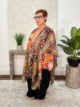 Anu Frida Embroidered Ruana, Brown Multi - Statement Boutique