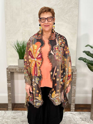 Frida Embroidered Shawl, Brown Multi