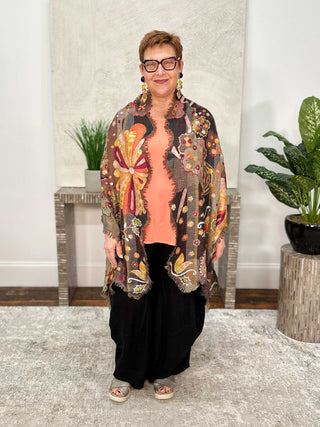 Anu Frida Embroidered Shawl, Brown Multi - Statement Boutique