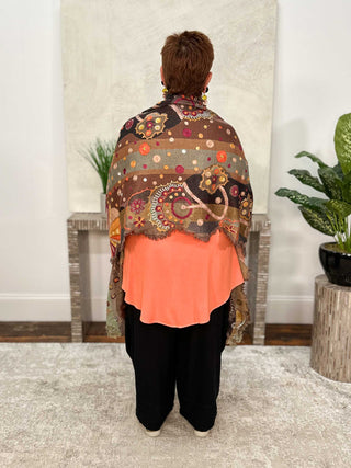 Anu Frida Embroidered Shawl, Brown Multi - Statement Boutique
