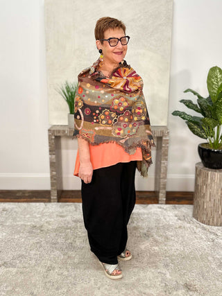 Anu Frida Embroidered Shawl, Brown Multi - Statement Boutique