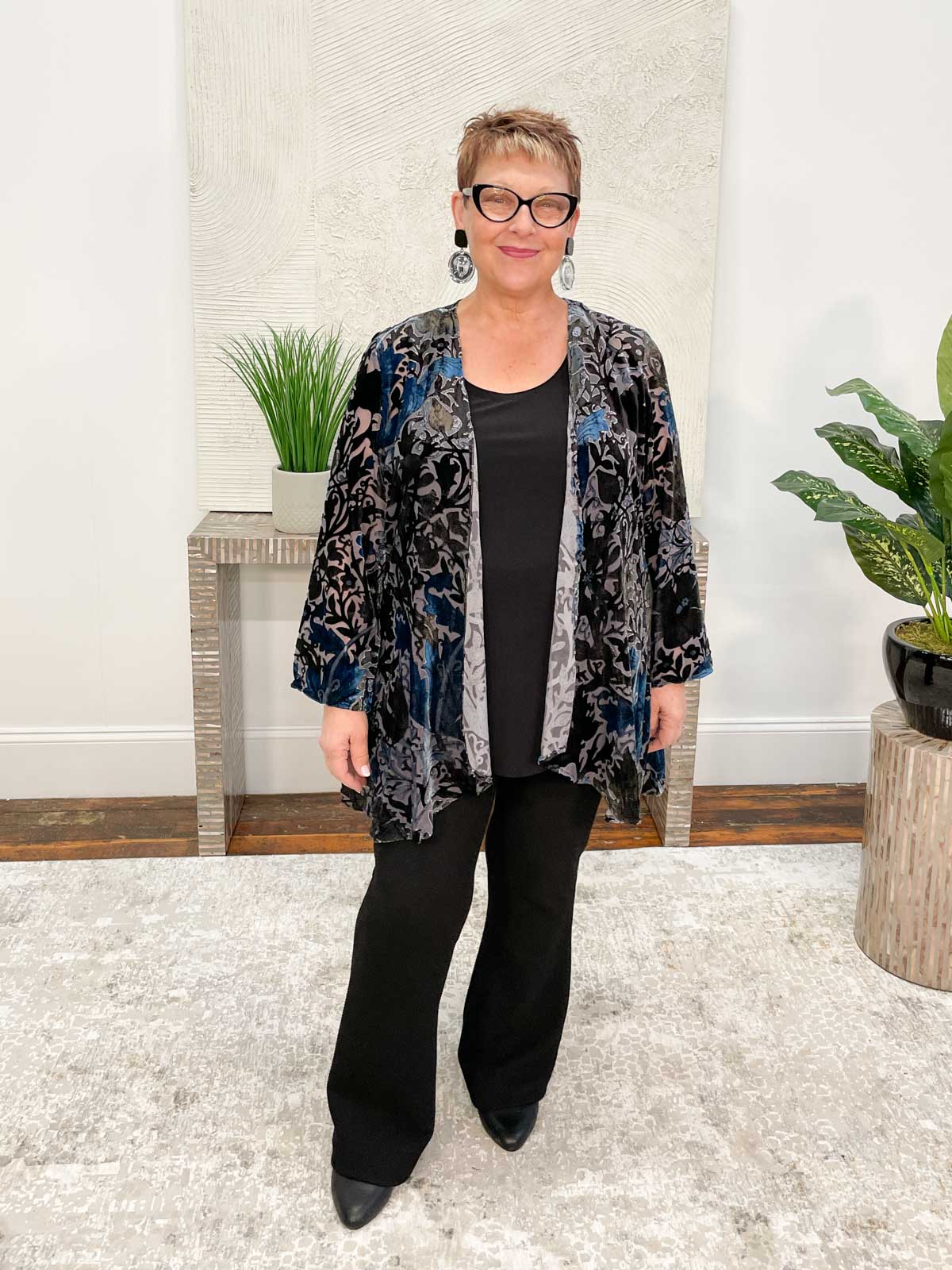 Aris. A Floral Burnout Velvet Cover Up, Blue Multi - Statement Boutique