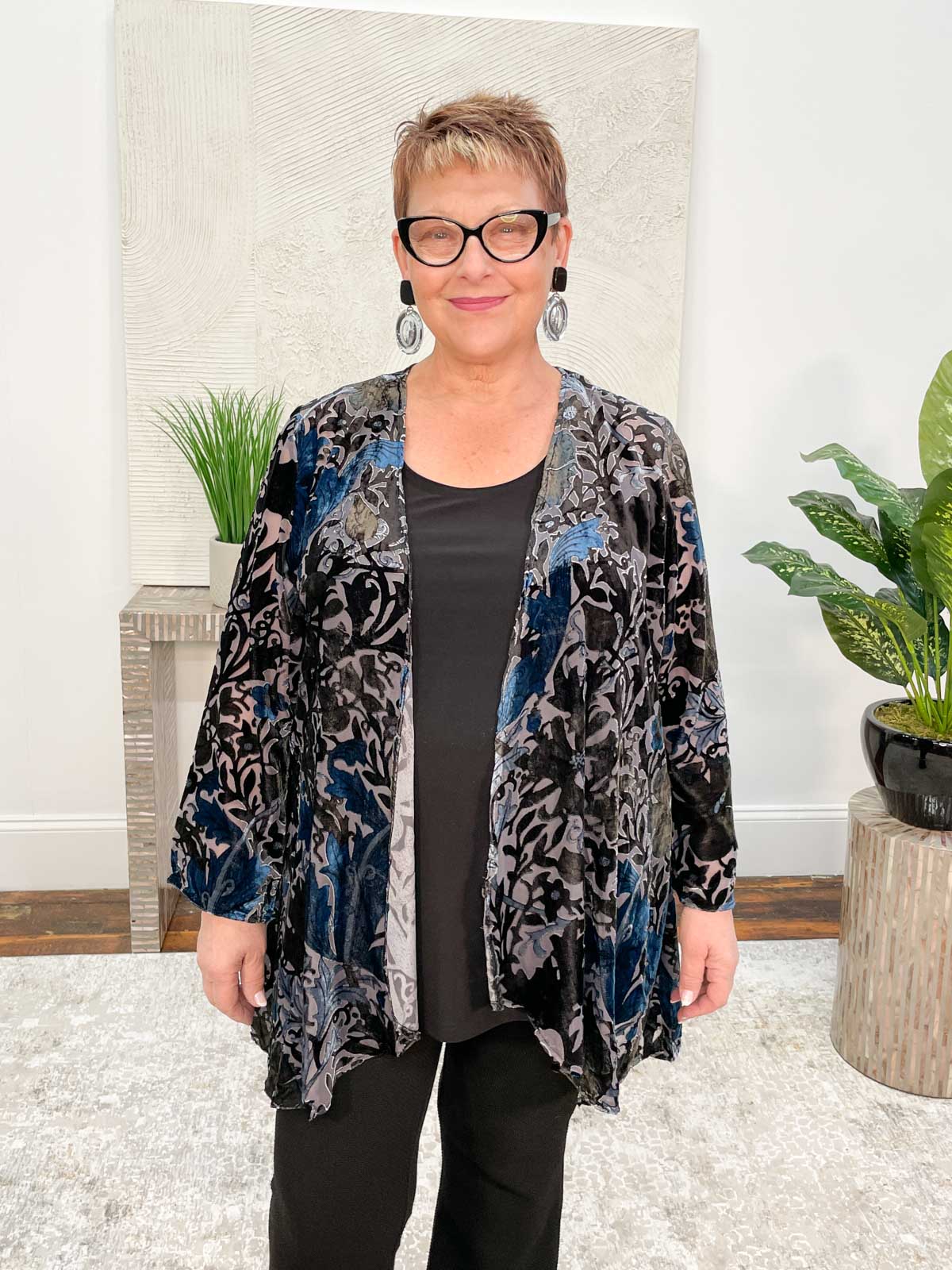 Aris. A Floral Burnout Velvet Cover Up, Blue Multi - Statement Boutique