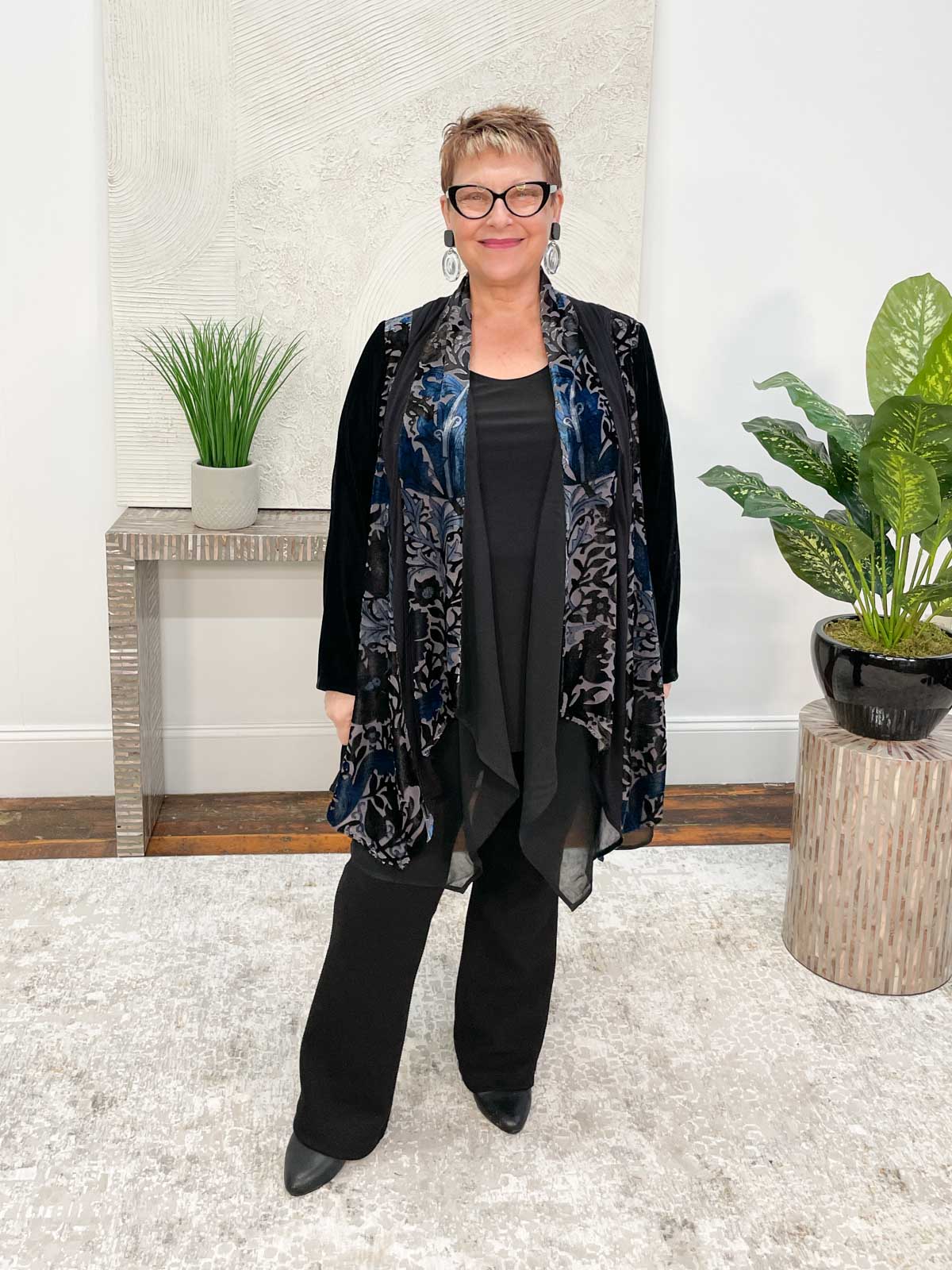 Aris. A Paneled Burnout &amp; Chiffon Hi Lo Jacket, Blue Multi - Statement Boutique