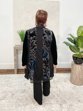 Aris. A Paneled Burnout & Chiffon Hi Lo Jacket, Blue Multi - Statement Boutique