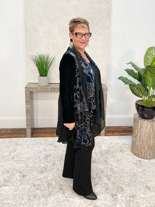 Aris. A Paneled Burnout & Chiffon Hi Lo Jacket, Blue Multi - Statement Boutique
