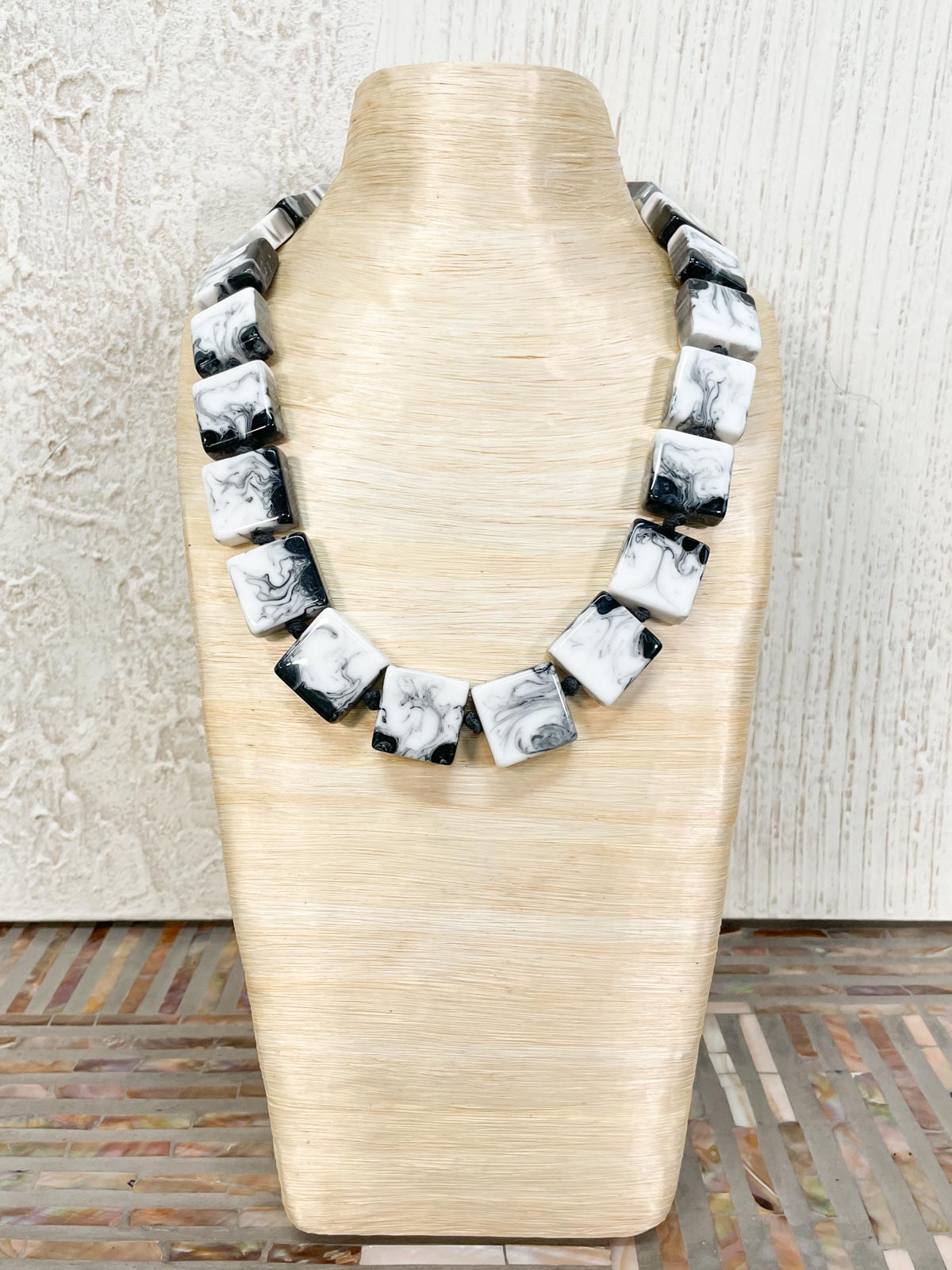 Atelier 1701 Square Bead Necklace White Black Marble Statement Boutique