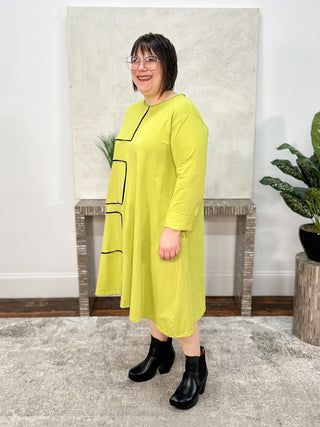 A-Line Dress with Contrast Accents, Lime/Black